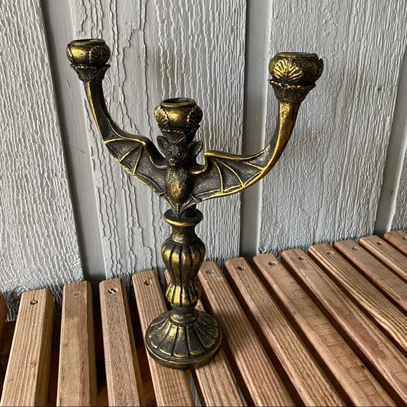 Gothic Style Bat Candelabra 3 Candle Holder Gold Black Art Deco Halloween Dark